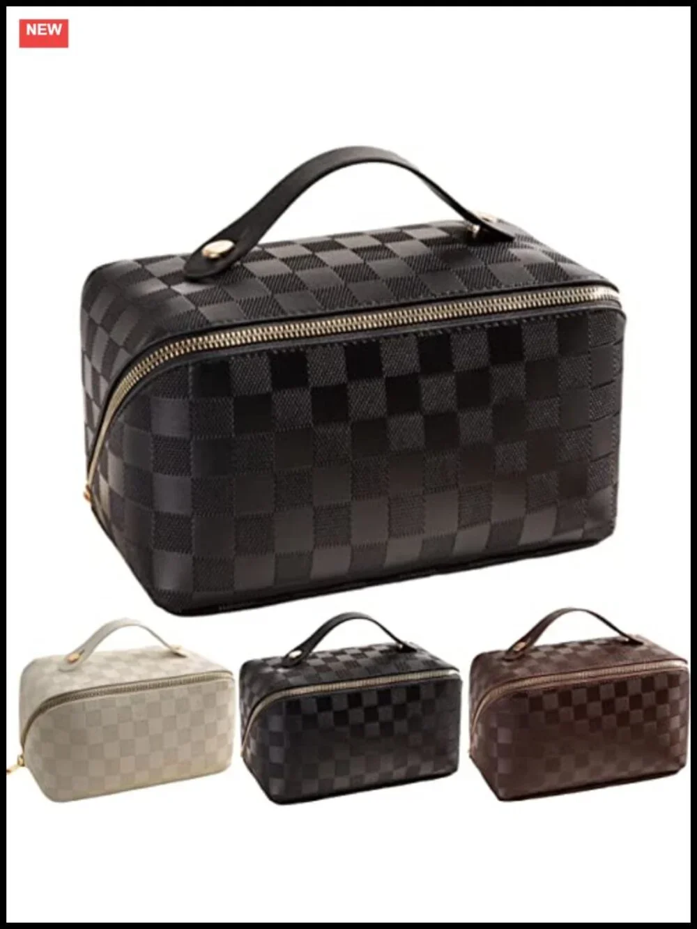 Large Capacity Faux Leather Cosmetic Bag with Divider Pouch & Zipper